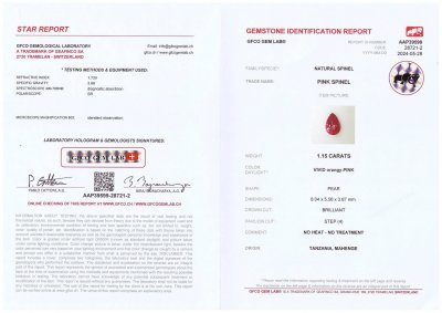 Certificate Spinelle Mahenge rose vif taille poire 1,15 carats, Tanzanie