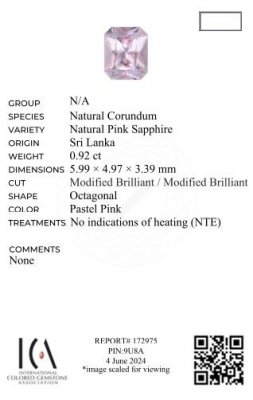 Certificate Saphir non traité (rose bébé) taille radiant 0,92 carats, Sri Lanka 