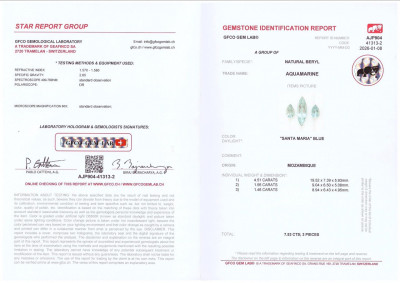 Certificate Satz aquamarine im birnen und marquiseschliff 7,53 karat, Mosambik