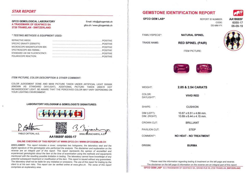 Certificate Pair of Burmese red spinels 5.39 ct, GFCO