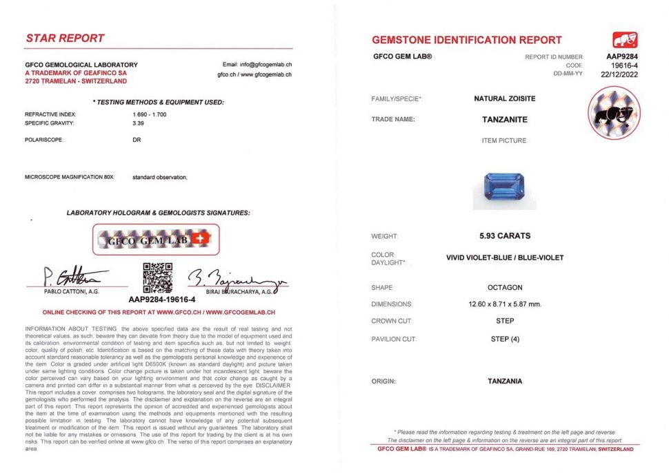 Certificate Bright octagon-cut tanzanite 5.93 ct