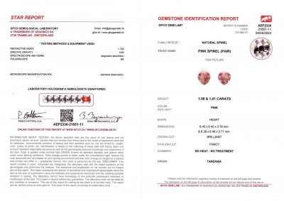 Certificate Pair of heart cut pink spinels 2.09 ct, Tanzania