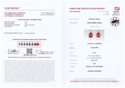 Certificate Par de espinelas Mahenge talla pera rosa neón 2.29ct, Tanzania