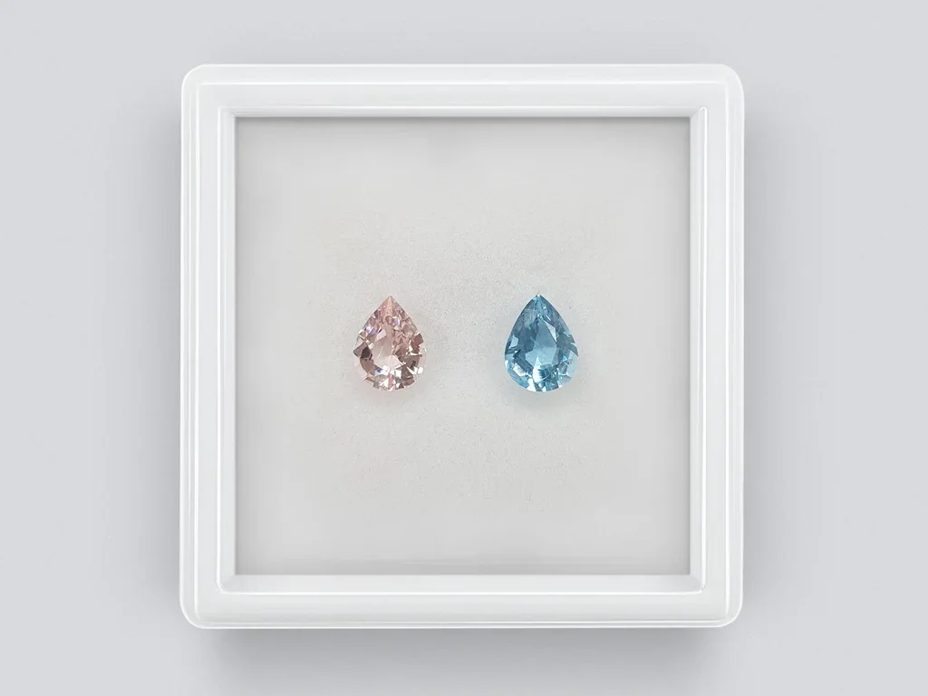 Contrasting pair of aquamarine and morganite in pear cut 1.45 carats Image №1