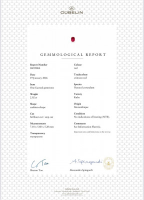 Certificate Rubis rouge carmin non chauffé, taille coussin 2,02 carats, Mozambique. Gubelin