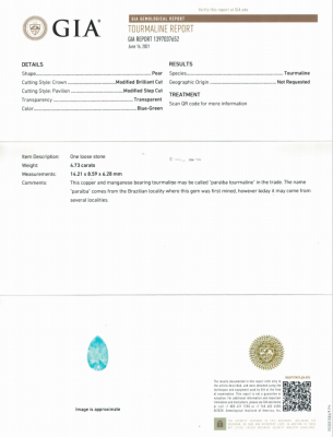 Certificate Neon Paraiba tourmaline 4.73 ct, GIA