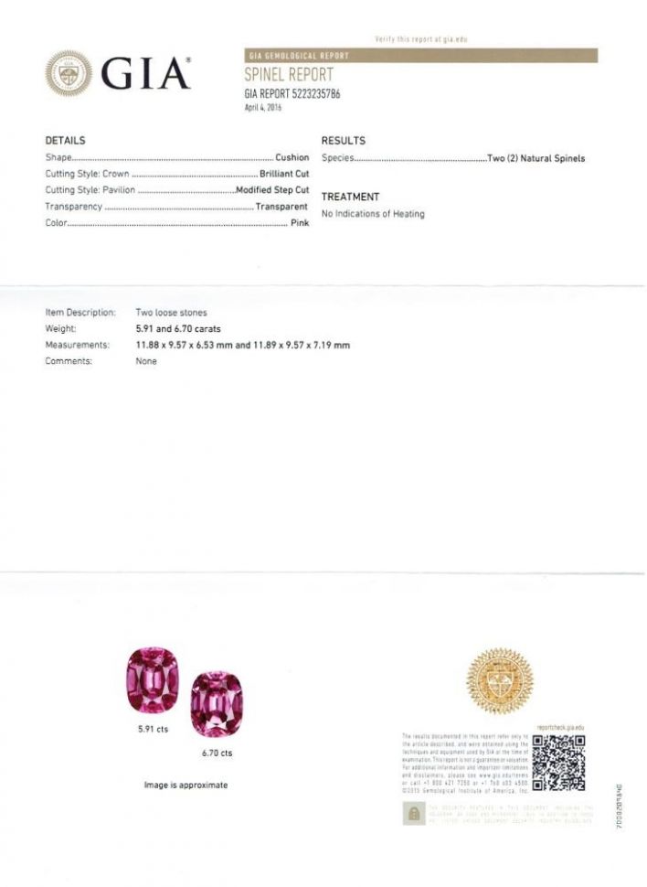 Certificate Pair of large cushion cut pink spinels 12.61 ct, Tajikistan, GIA