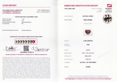 Certificate Intense purple heart cut spinel 2.46 ct, Burma