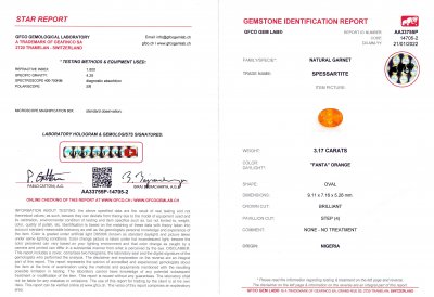 Certificate Spessartine Fanta color oval cut 3.17 ct, Nigeria