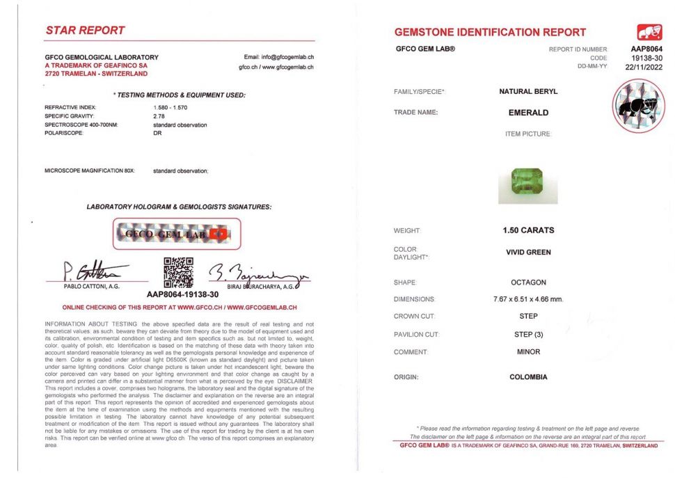 Certificate Vivid Green emerald 1.50 ct, Colombia