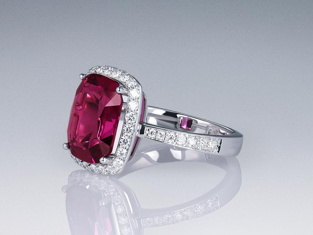Ring with rare Tanzanian rhodolite 5.18 ct  and diamonds in 18K white gold Image №3