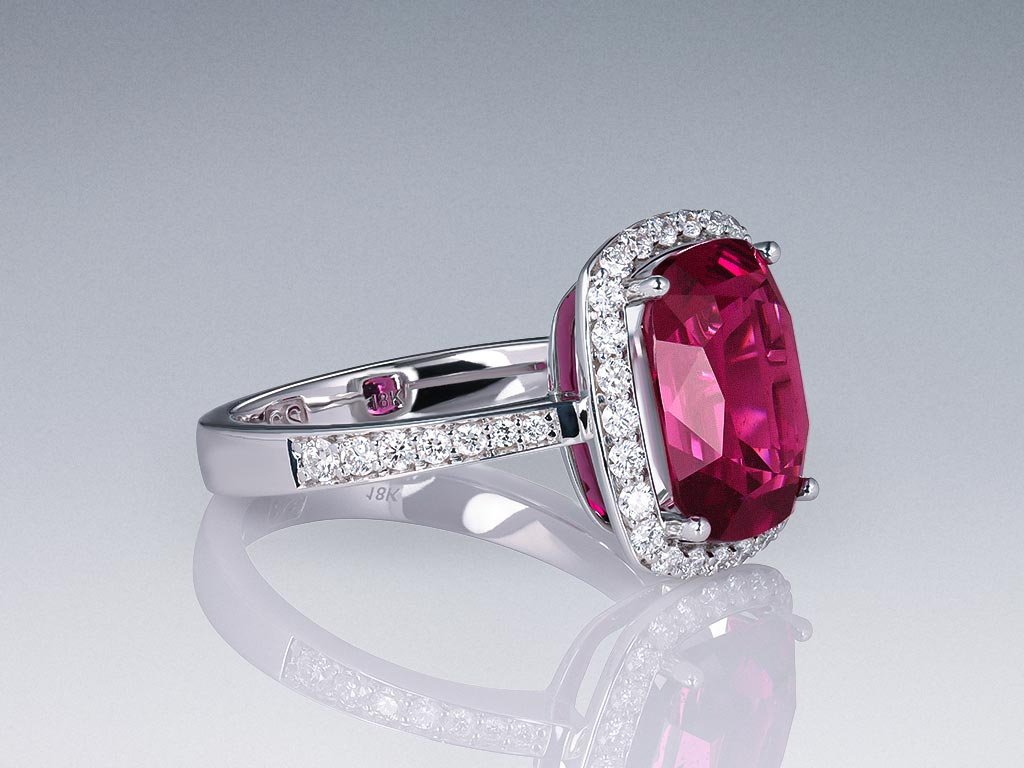 Ring with rare Tanzanian rhodolite 5.18 ct  and diamonds in 18K white gold Image №2