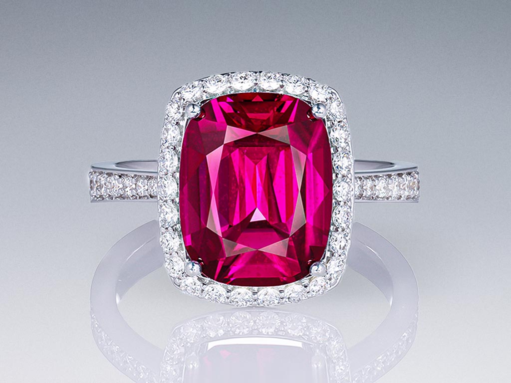 Ring with rare Tanzanian rhodolite 5.18 ct  and diamonds in 18K white gold Image №1