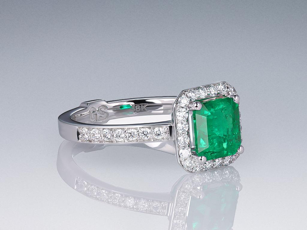 Ring with Muzo Green colombian emerald 1.45 ct and diamonds in 18K white gold Image №2