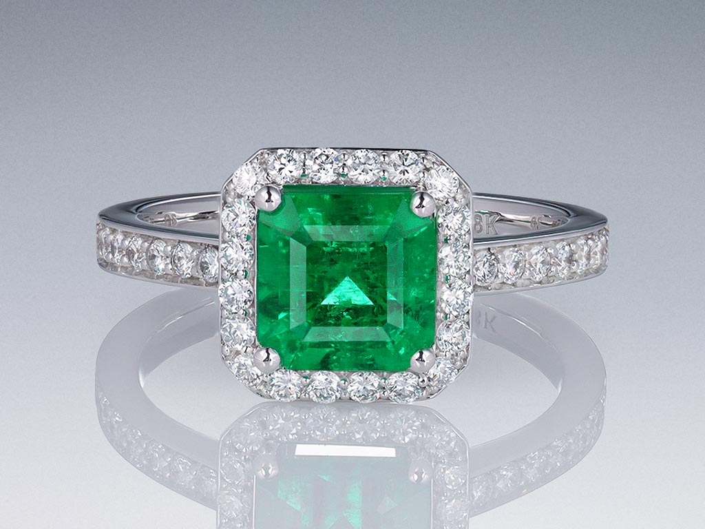 Ring with Muzo Green colombian emerald 1.45 ct and diamonds in 18K white gold Image №1