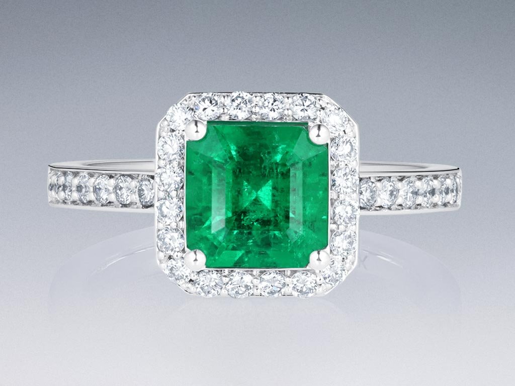 Ring mit 1,45 ct Muzo Green kolumbianischem Smaragd und Diamanten in 18 Karat Weißgold Image №1