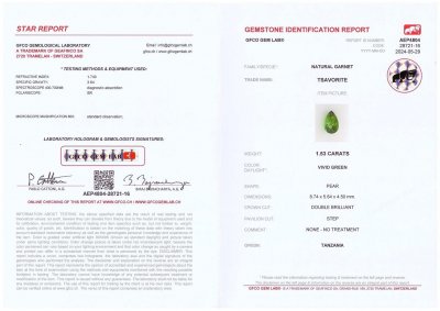 Certificate Unique pair of pink Mahenge spinel and vivid green pear-cut tsavorite 3.08 carats