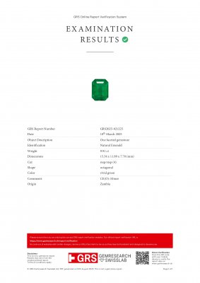 Certificate Émeraude octogonale vert vif 9,91 ct, Zambie