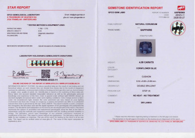 Certificate Lot #5. Unheated Cornflower Blue sapphire in cushion cut 4.59 carats, Sri Lanka