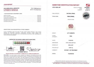 Certificate Pamir pink cushion cut spinel 4.71 carats