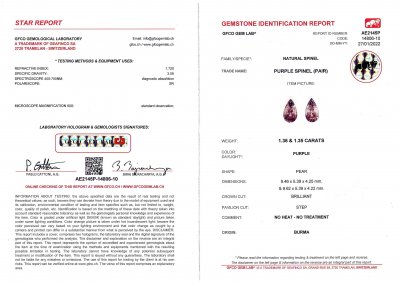 Certificate Pair of pear cut mauve spinels 2.71 ct, Burma
