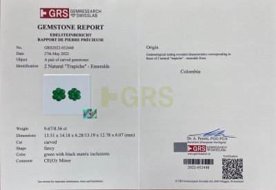 Certificate Pair of rare vivid green Trapiche emeralds 18.23 ct from Colombia, GRS