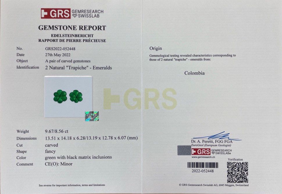 Certificate Pair of intense Trapiche emeralds 18.23 ct, GRS