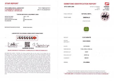 Certificate Intense emerald octagon cut 1.32 ct, Colombia