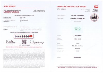 Certificate Paraiba tourmaline in oval cut 0.77 ct, Mozambique