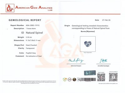 Certificate Spinelle gris acier taille cœur de 2,33 carats, Birmanie