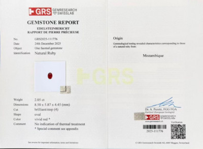 Certificate Unheated ruby Pigeon blood oval cut 2.05 carats, Mozambique. GRS