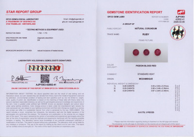 Certificate Satz rundgeschliffener rubine in Taubenblutrot 0,80 karat, Mosambik