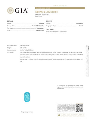 Certificate Neonblau Paraíba turmalin im cushion schliff 5,26 karat, Brasilien