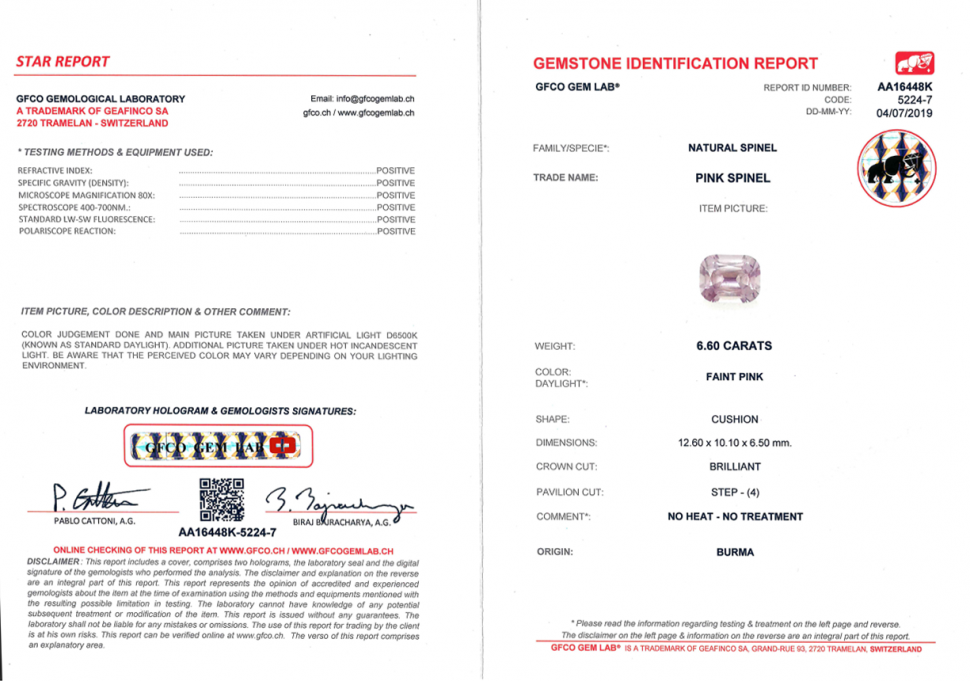 Certificate Mauve Burmese spinel 6.60 ct
