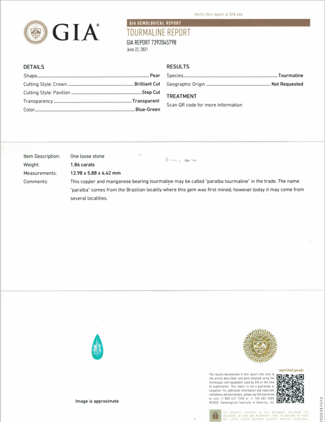 Certificate Pear cut neon blue Paraiba tourmaline 1.86 ct