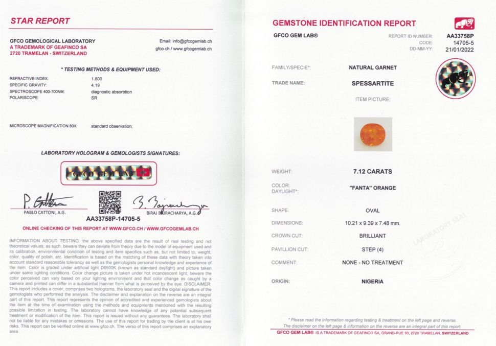 Certificate Nigerian fanta spessartine oval cut 7.12 ct, Nigeria