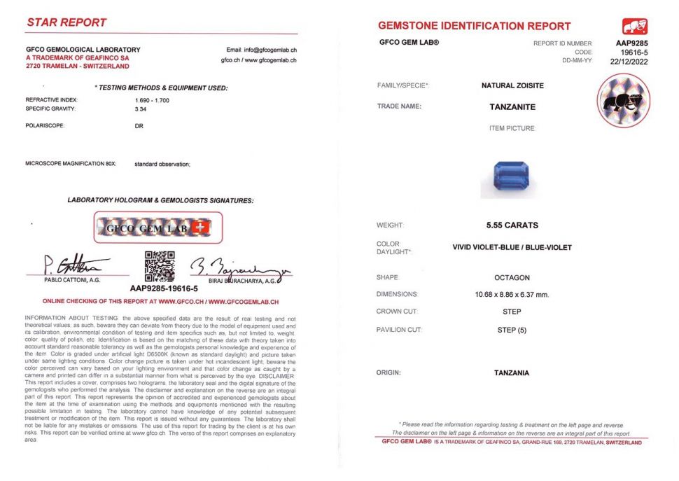 Certificate Intense blue octagon cut tanzanite 5.55 ct