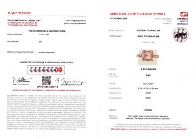 Certificate Octagon pink tourmaline 2.00 ct, Congo