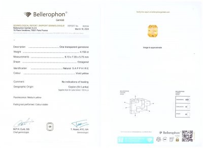 Certificate Saphir taille radiant jaune vif 4,15 carats, Sri Lanka