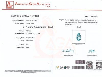 Certificate Aquamarin im birnenschliff 7,39 karat, Brazil