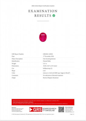 Certificate Unbeheizter Taubenblutrubin ovaler schliff 5,27 karats, Burma (Mogok), GRS, SSEF