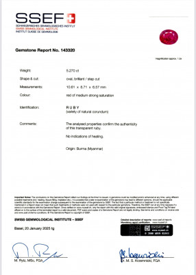 Certificate Unbeheizter Taubenblutrubin ovaler schliff 5,27 karats, Burma (Mogok), GRS, SSEF