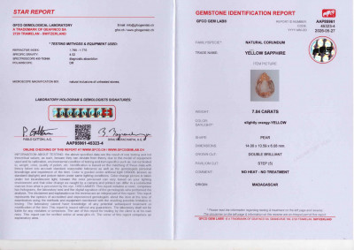 Certificate Saphir jaune non chauffé de 7,04 carats, taille poire, du Madagascar