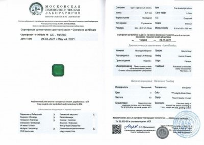 Certificate Emerald octagon cut 3.73 ct, Pakistan