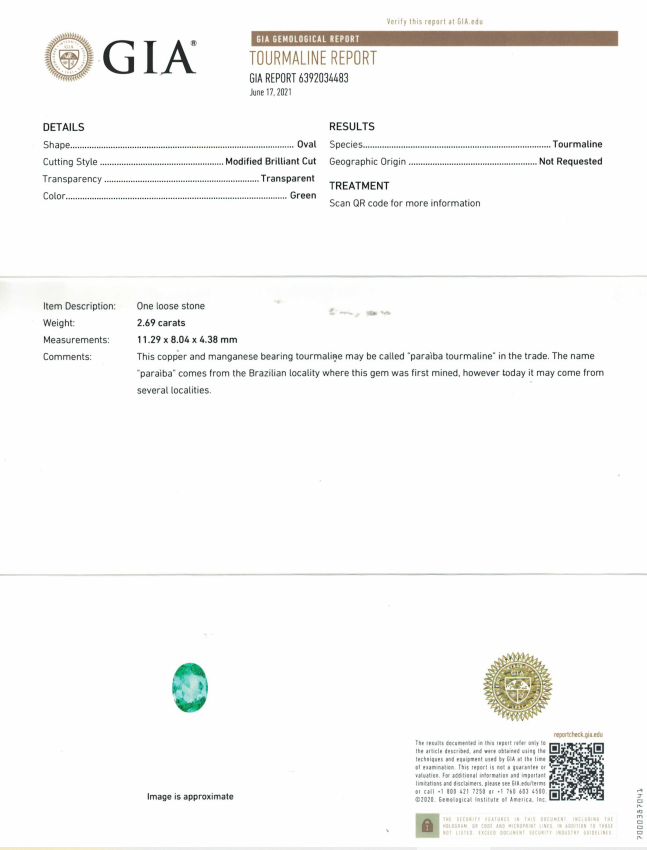 Certificate Paraiba tourmaline, oval cut 2.69 ct, Mozambique