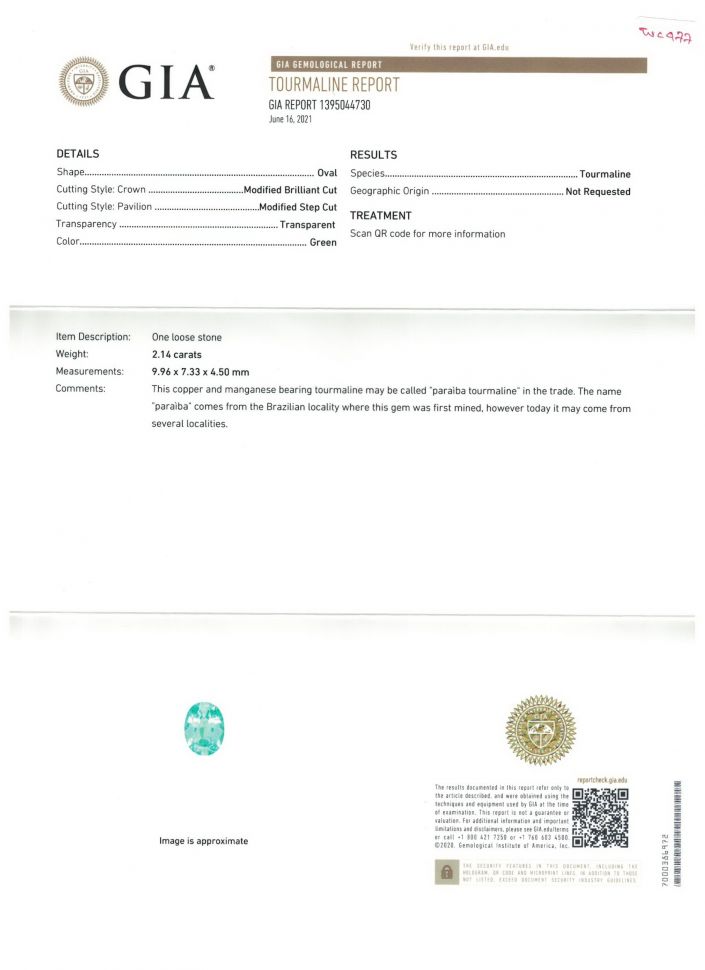 Certificate Bluish green Paraiba tourmaline, oval cut, 2.14 ct, Mozambique, GIA