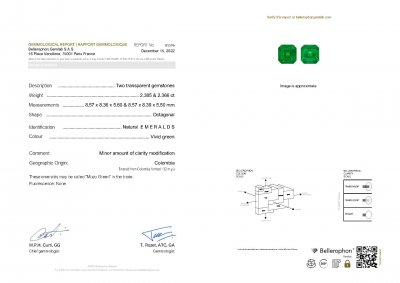 Certificate Intense paire émeraudes "Muzo Green" taille octogonale 4,75 ct, Colombie