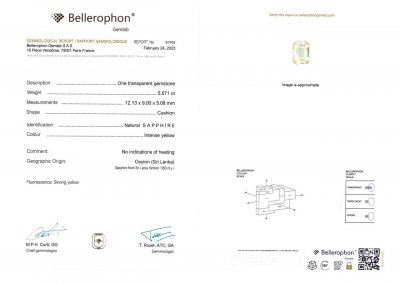 Certificate Yellow unheated cushion cut sapphire 5.57 ct, Sri Lanka
