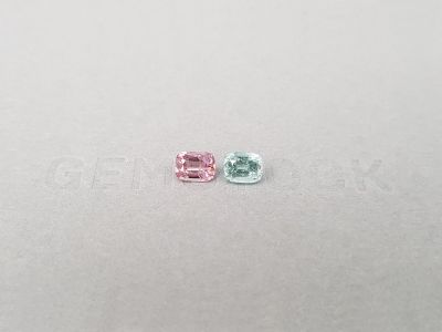 Contrasting pair of pink and mint tourmalines in cushion cut 1.26 ct photo