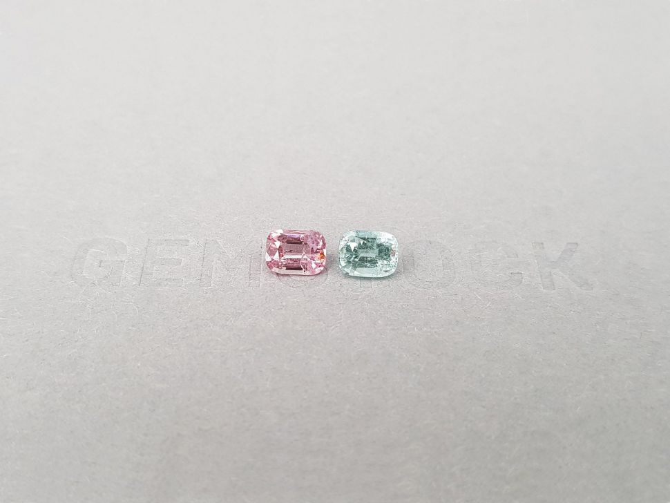 Contrasting pair of pink and mint tourmalines in cushion cut 1.26 ct Image №1